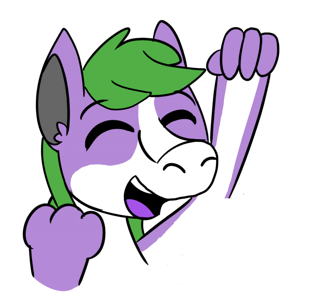 Tanby, the group mascot. They are a purple and white cosmic being with green hair and pointy ears, and they are joyfully pumping their fist in a cheer!