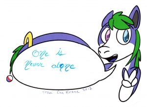 Tanby, the group mascot, a purple alien creature with green hair, smiles and flashes the peace sign!