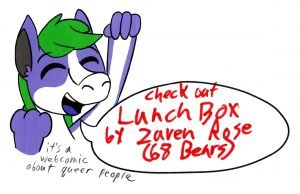 Tanby, the group mascot, a purple alien creature with green hair, pumps their fist in an excited cheer!