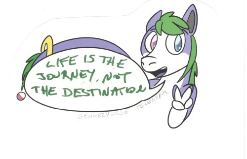 Tanby, the group mascot, a purple alien creature with green hair, smiles and flashes the peace sign!