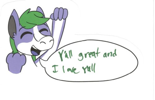 Tanby, the group mascot, a purple alien creature with green hair, pumps their fist in an excited cheer!